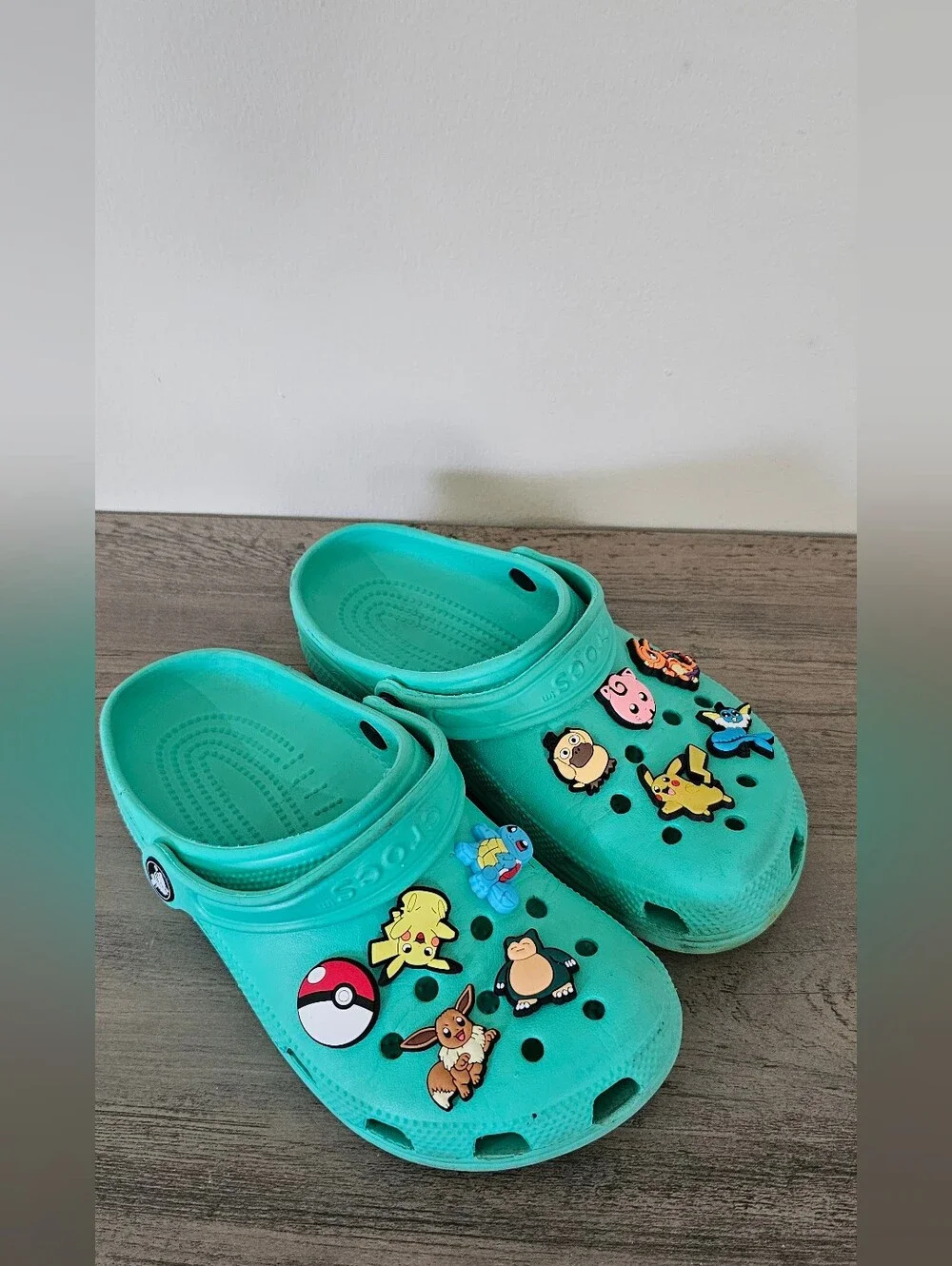 Crocs Kids Teal Green Slip-On Clog Shoes with Pokémon Charms Boy J 3